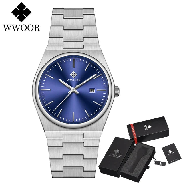 WWOOR Top Brand Luxury VJ32 Quartz Movement Watch for Men 316L Stainless Steel Business Watch Waterproof Luminous Men's Watches - Silver blue - - Concept Palermo