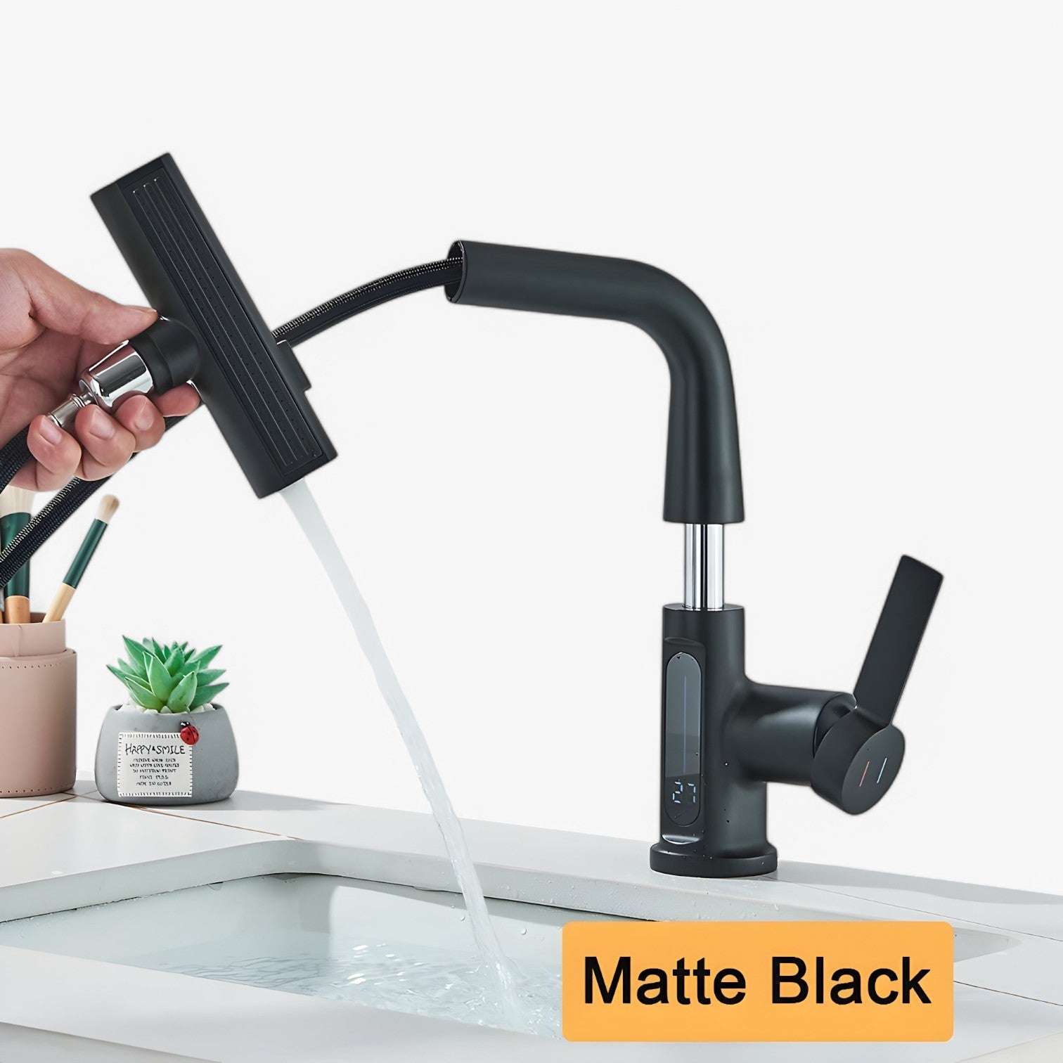 Kirkan | Rubinetto da lavandino – Temperatura digitale e uscita a cascata estraibile - nero - Home Home & Garden - Concept Palermo