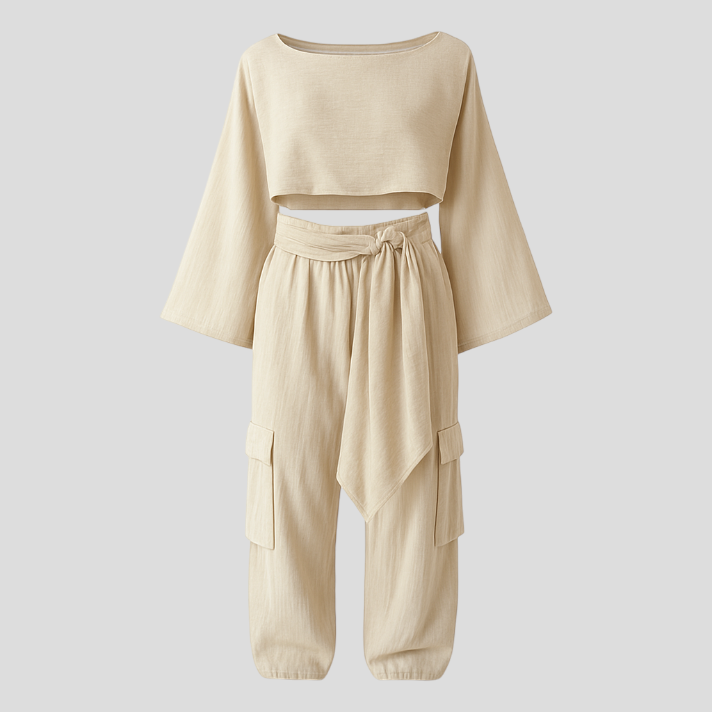 Pamina | Set Estivo in Lino per Donna Elegante - - abbigliamento estivo comfort estivo completo lino look naturale moda sostenibile pantaloni alti set estivo set in lino stile elegante top cropped - Concept Palermo