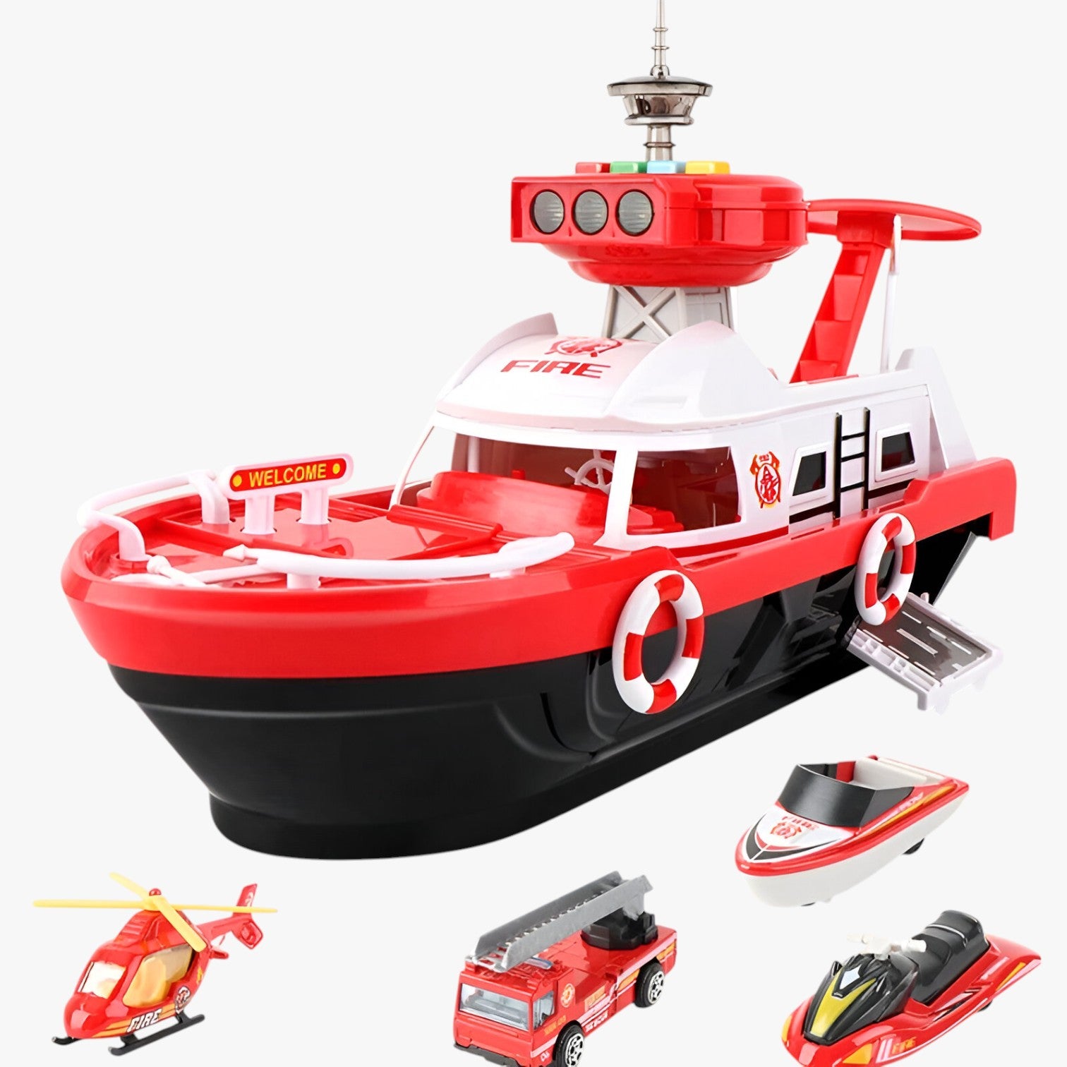 Drew | Nave giocattolo musicale luminosa con propulsione a inerzia - Red ship with 4 car - kids toys toys toys & gifts TOYS AND GAMES toys for kids - Concept Palermo
