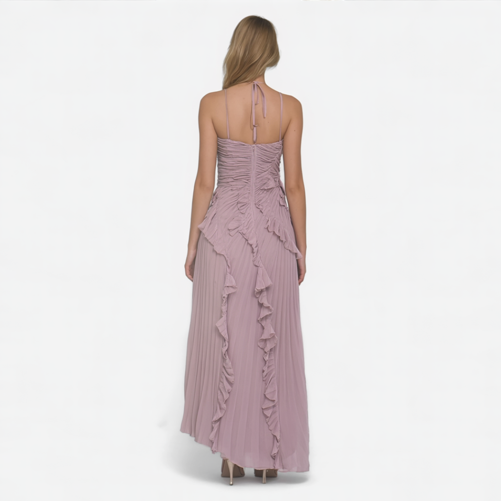 Aurie | Abito Elegante da Donna in Lilla - - abito elegante abito in lilla design versatile eleganza senza tempo manutenzione facile materiale leggero orlo asimmetrico plissettature artigianali spalline incrociate vestito da donna - Concept Palermo