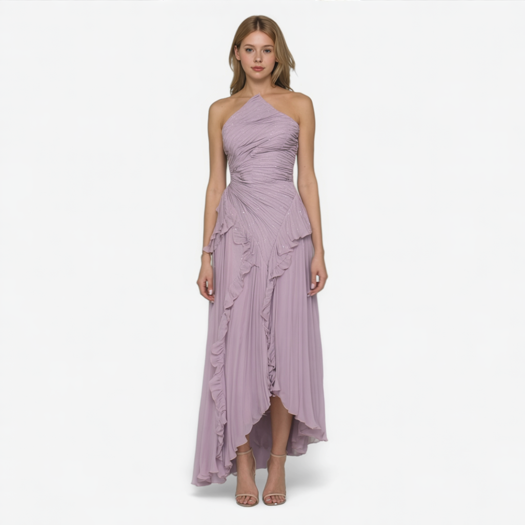 Aurie | Abito Elegante da Donna in Lilla - - abito elegante abito in lilla design versatile eleganza senza tempo manutenzione facile materiale leggero orlo asimmetrico plissettature artigianali spalline incrociate vestito da donna - Concept Palermo