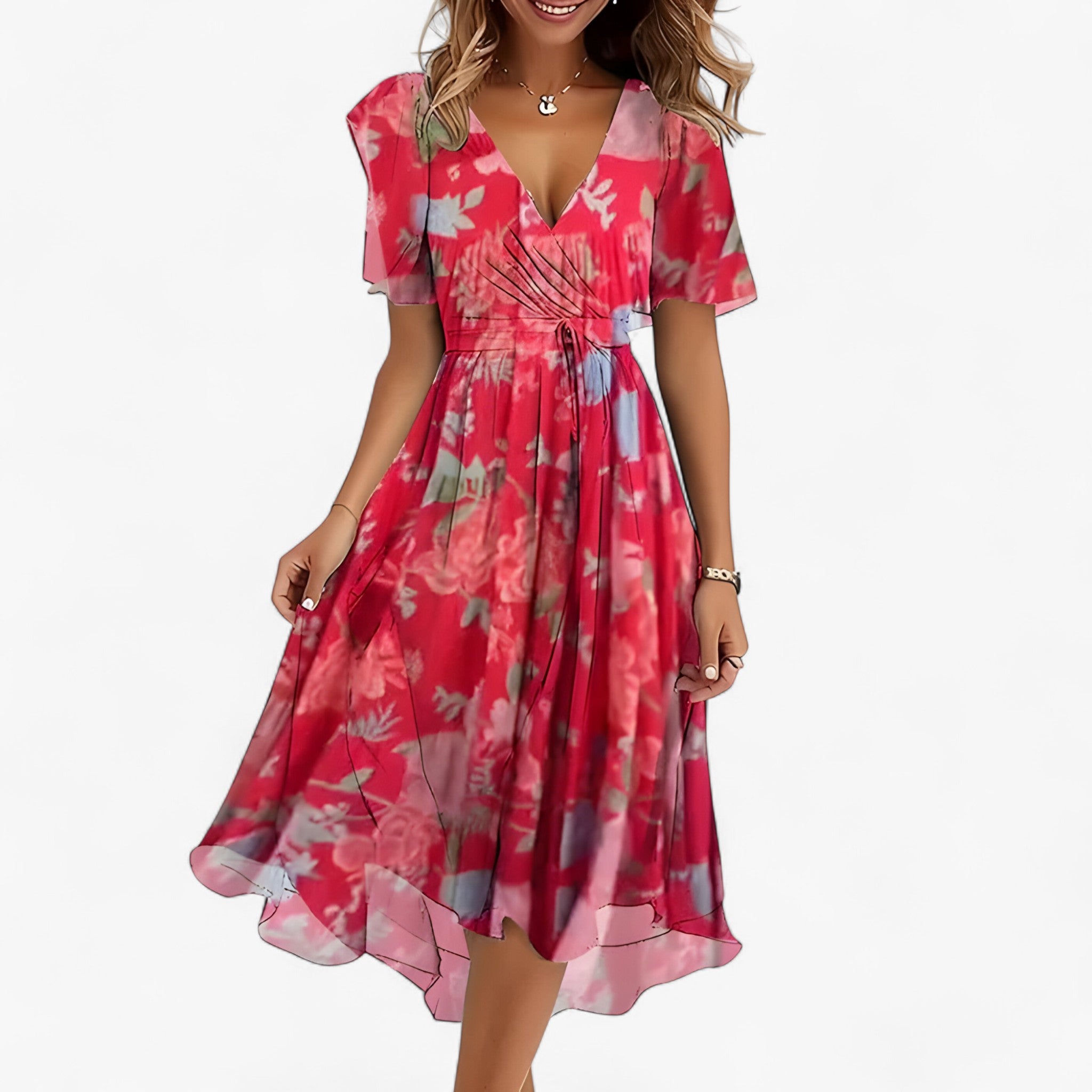 Emilia | Elegante abito midi con stampa floreale neutra - Rossa - DRESS Dresses female dress floral dresses - Concept Palermo