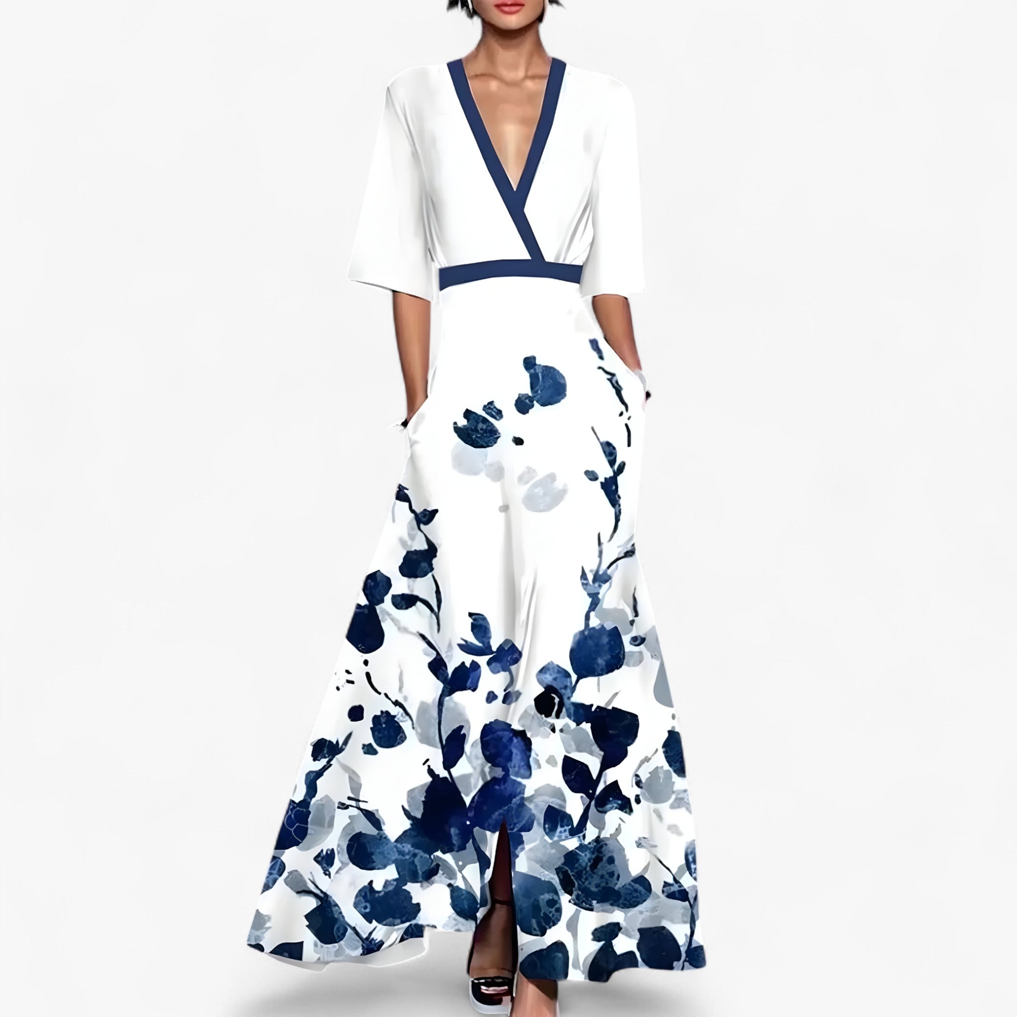 Luna | Abito con Eleganti Maniche – Raffinatezza e Comfort Ogni Giorno - Bianco - Blu - AbitoElegante ModaItaliana StileFemminile VestibilitàPerfetta VestitoLungo - Concept Palermo