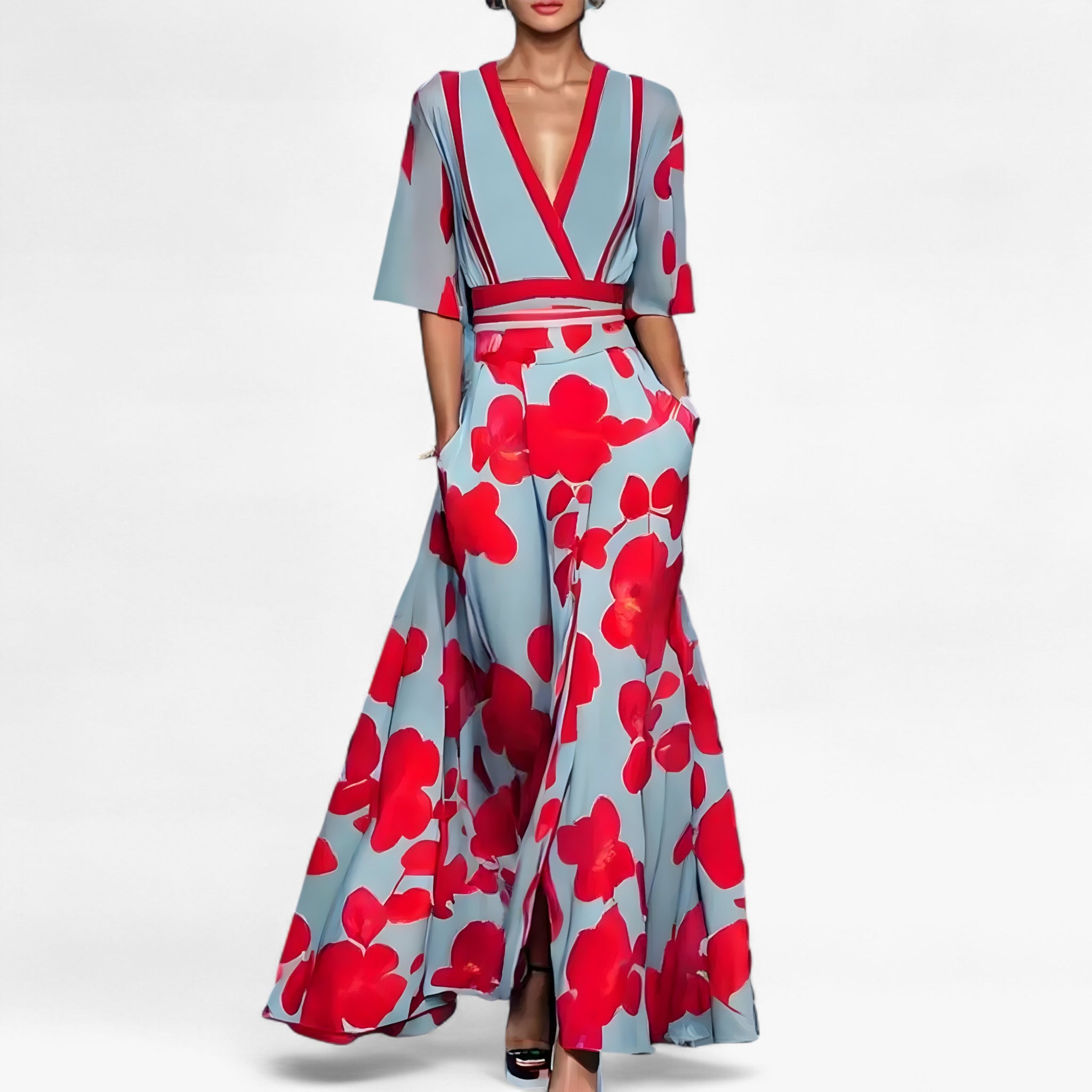 Luna | Abito con Eleganti Maniche – Raffinatezza e Comfort Ogni Giorno - Blu - Rosso - AbitoElegante ModaItaliana StileFemminile VestibilitàPerfetta VestitoLungo - Concept Palermo
