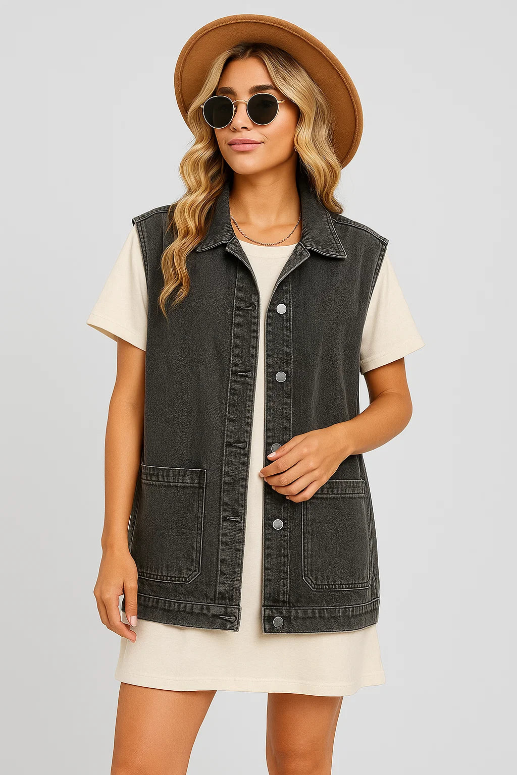 Natalia – Gilet in denim vintage casual con bottoni - - denim vest vests - Concept Palermo