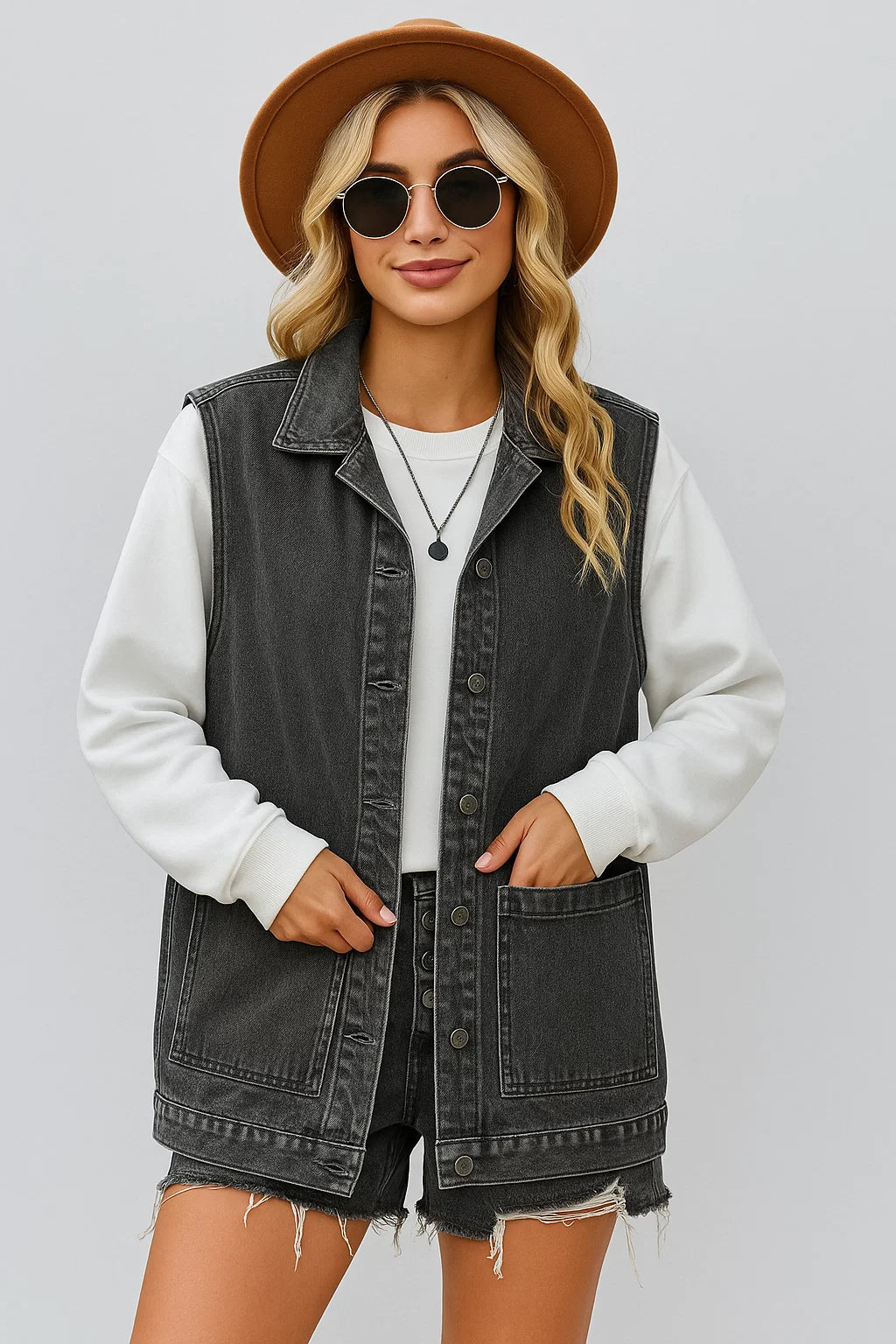 Natalia – Gilet in denim vintage casual con bottoni - - denim vest vests - Concept Palermo
