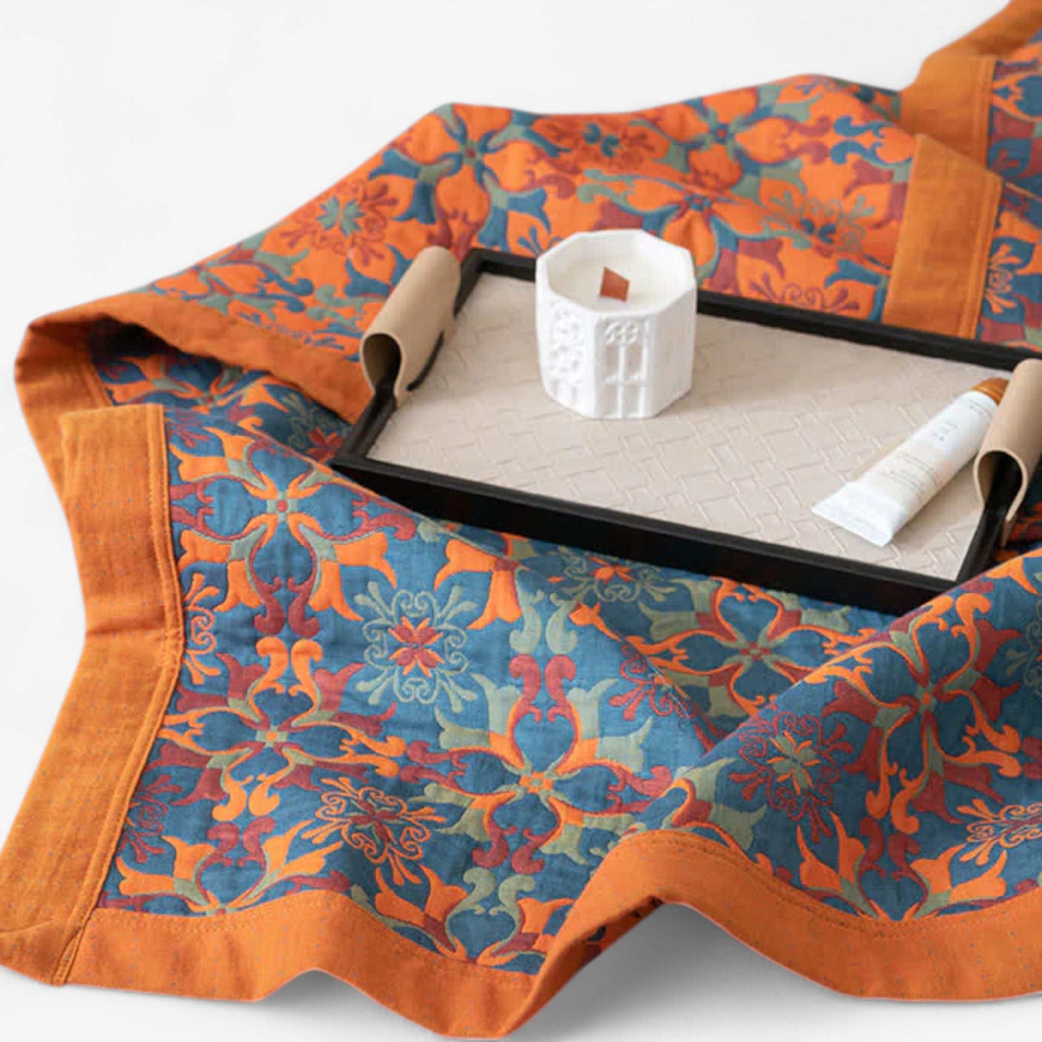 Stile etnico | Quilt in cotone a sei strati con motivo arancione e blu - - Blanket comforter quilts - Concept Palermo