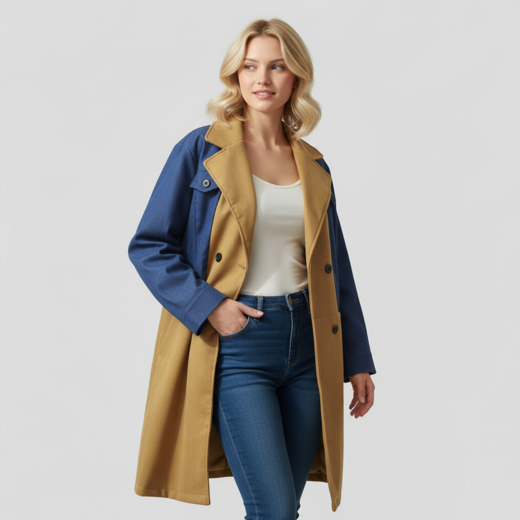 Anette | Cappotto Lungo Donna Elegante Doppio Petto - - cappotto autunno cappotto coloreblock cappotto denim cappotto donna cappotto doppio petto cappotto elegante cappotto primavera cappotto versatile giacca a maniche lunghe giacca donna - Concept Palermo