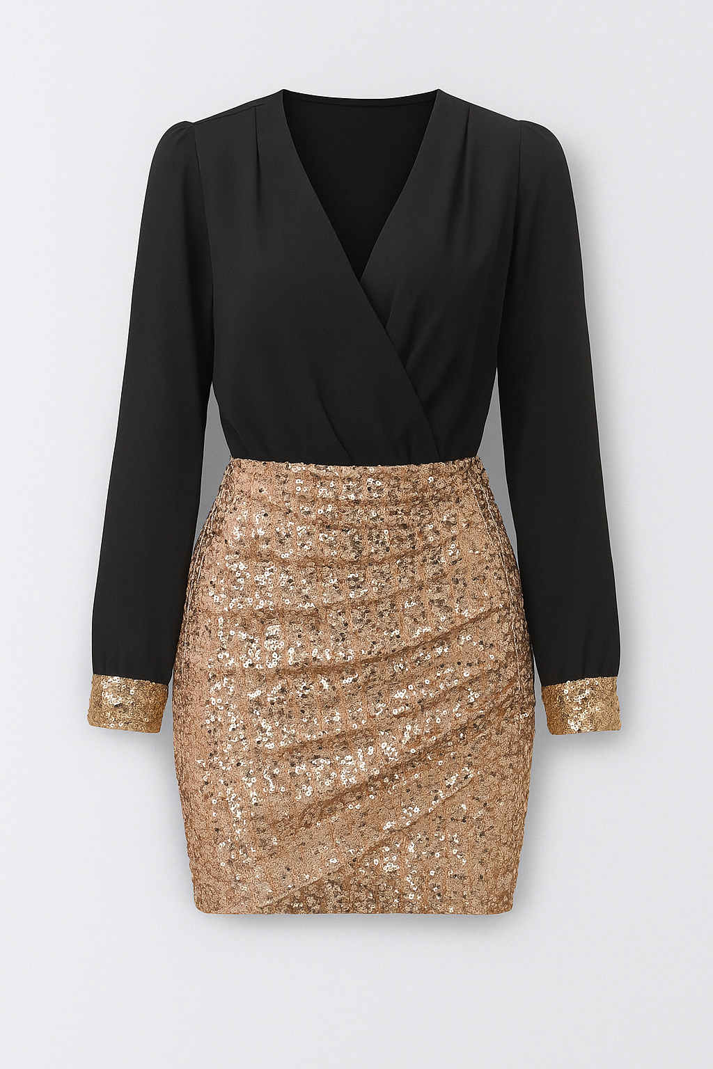 Hollis | Set con blusa avvolgente e minigonna con paillettes - Nero-Oro - fashion occasion: going out fashion occasion: night out fashion occasion: summer fashion style: sexy going out gold lower body garment lower body garment: skirt lower body length: thigh length night out pencil product color: gold sexy skirt - Concept Palermo