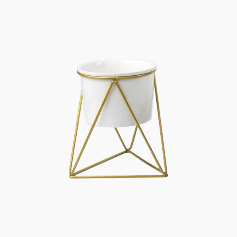 Elegante vaso di fiori in ceramica con supporto in ferro stiloso | Moderna fioriera per piante d'aria e succulente - Vaso bianco fermo dorato - Ceramics Decor Flowerpots - Concept Palermo