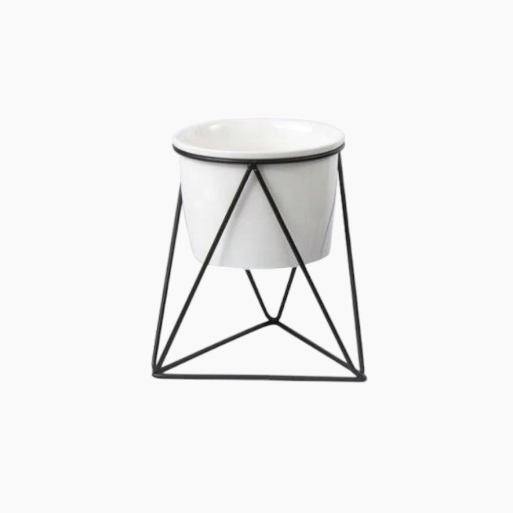 Elegante vaso di fiori in ceramica con supporto in ferro stiloso | Moderna fioriera per piante d'aria e succulente - Vaso bianco fermo nero - Ceramics Decor Flowerpots - Concept Palermo