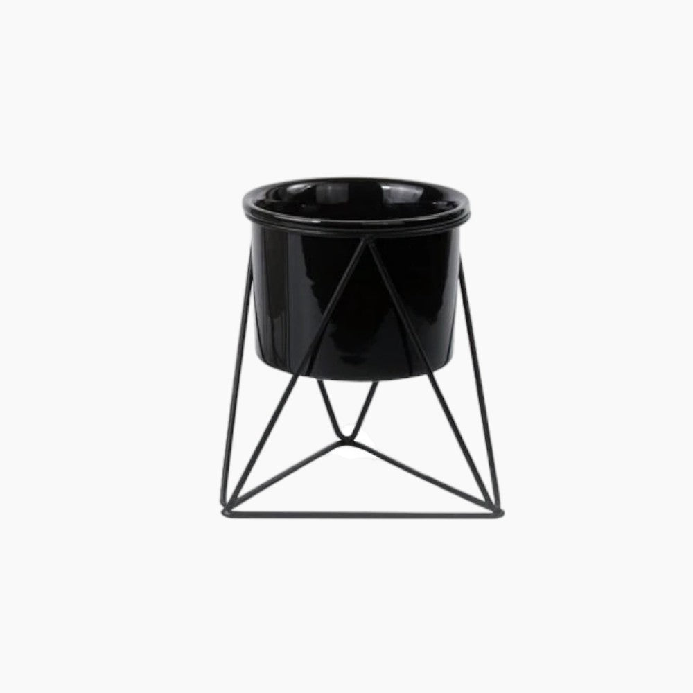 Elegante vaso di fiori in ceramica con supporto in ferro stiloso | Moderna fioriera per piante d'aria e succulente - Vaso nero fermo nero - Ceramics Decor Flowerpots - Concept Palermo