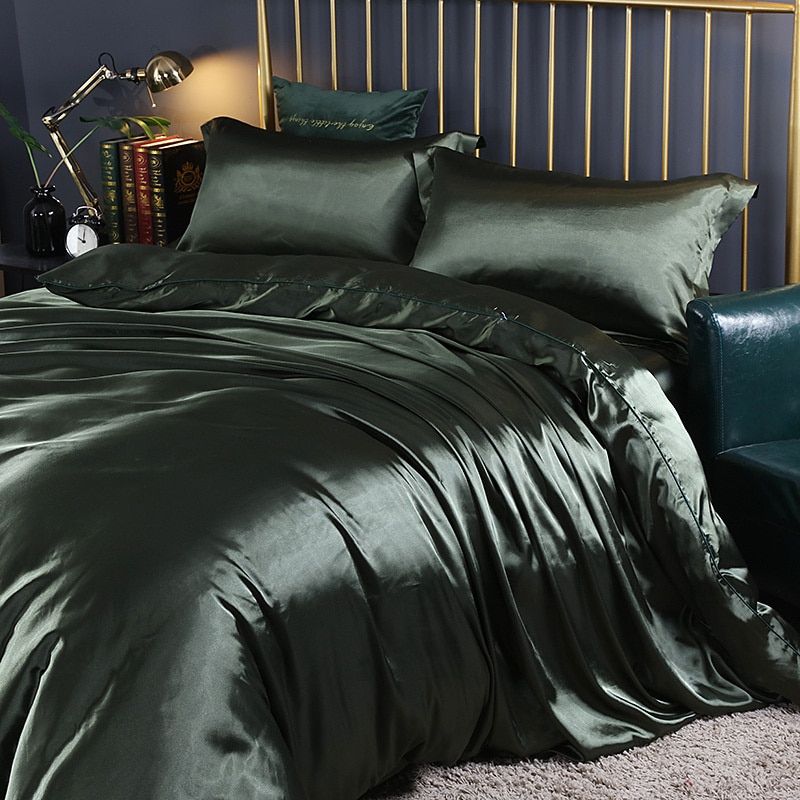 Set di lusso (4 pezzi) in seta/raso, copripiumino, 2 federe, lenzuolo - Verde smeraldo - Beddengoed Bedding bedsheets Kussensloop Laken new_for_google_may Sale Satijn - Concept Palermo