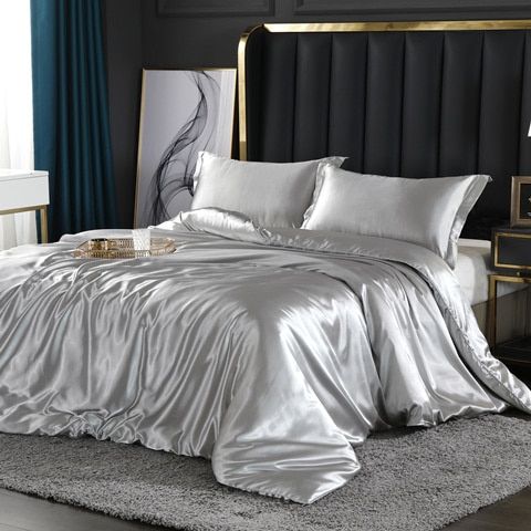 Set di lusso (4 pezzi) in seta/raso, copripiumino, 2 federe, lenzuolo - Argento - Beddengoed Bedding bedsheets Kussensloop Laken new_for_google_may Sale Satijn - Concept Palermo