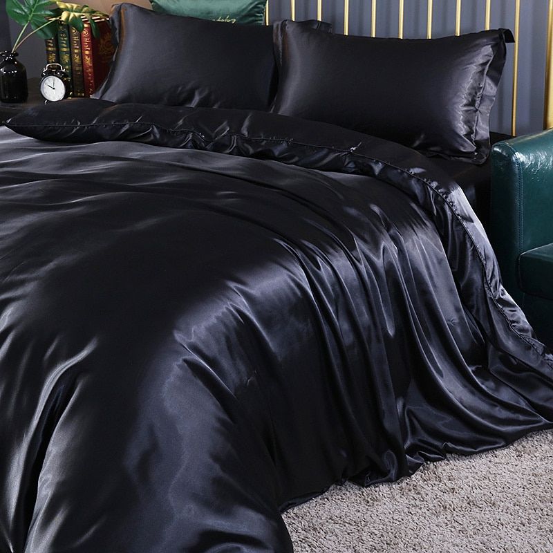 Set di lusso (4 pezzi) in seta/raso, copripiumino, 2 federe, lenzuolo - Nero - Beddengoed Bedding bedsheets Kussensloop Laken new_for_google_may Sale Satijn - Concept Palermo