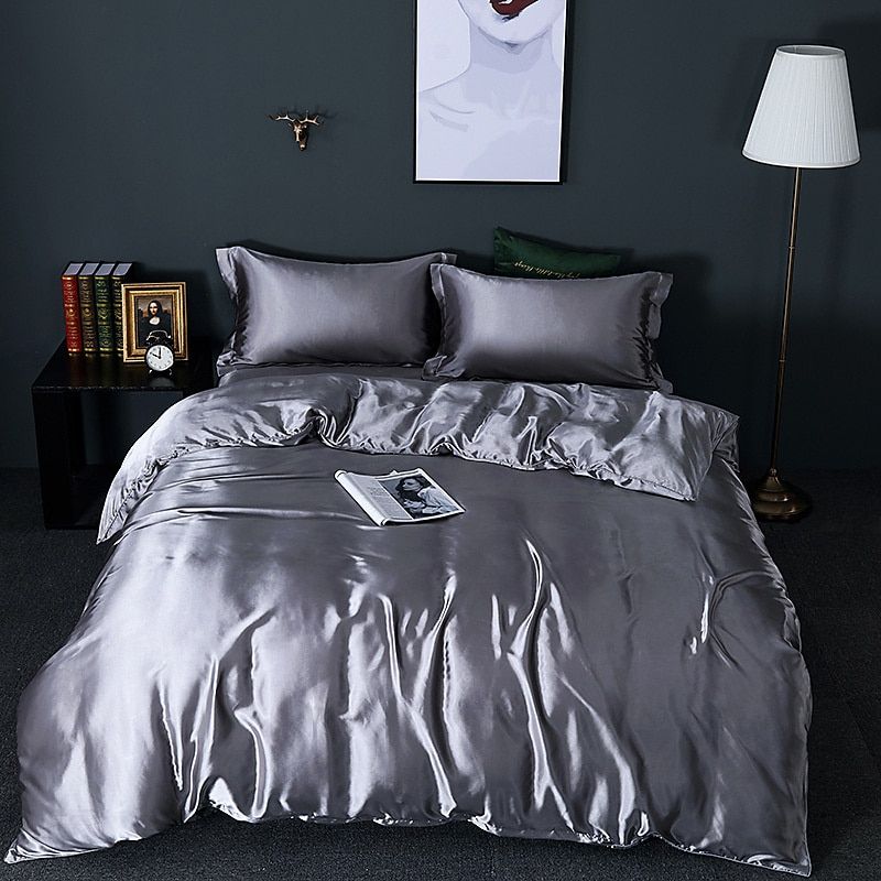 Set di lusso (4 pezzi) in seta/raso, copripiumino, 2 federe, lenzuolo - Argento scuro - Beddengoed Bedding bedsheets Kussensloop Laken new_for_google_may Sale Satijn - Concept Palermo