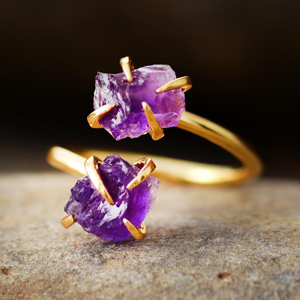 Anello regolabile Luxera Raw Stone in ametista e quarzo - Ametista - Rings womens ring - Concept Palermo