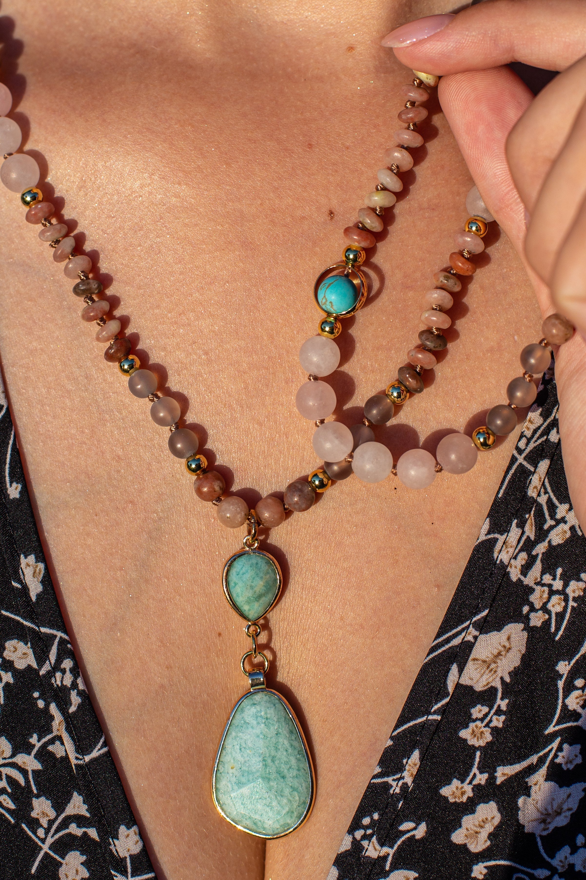 Collana di perle mala in amazzonite e quarzo rosa, per una pulizia profonda e colorata - - new_for_google_may - Concept Palermo