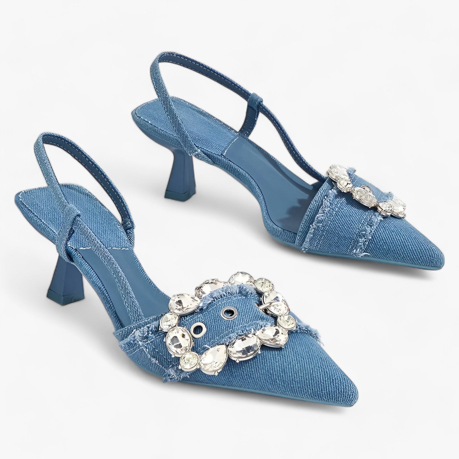 Décolleté in Denim | Eleganza Distintiva con Fibbia Splendente in Diamantekk - Blu - Casual fashion Fits true to size Fmetyasi High (5cm-8cm) Mainland China Metal decoration MICROFIBER No plastic Pointed toe PU Pumps PVC Slingbacks SLIP-ON Solid Spike Heels Summer take your normal size WOMEN WP2325PM - Concept Palermo