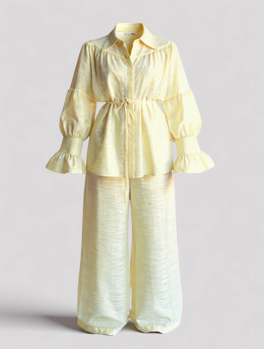 Allura | Set Elegante in Poliestere per Donne - Giallo - abbigliamento casual abbigliamento elegante abbigliamento formale design senza tempo eleganza senza sforzo lino di alta qualità moda donna pantaloni larghi set comodo set di lino - Concept Palermo