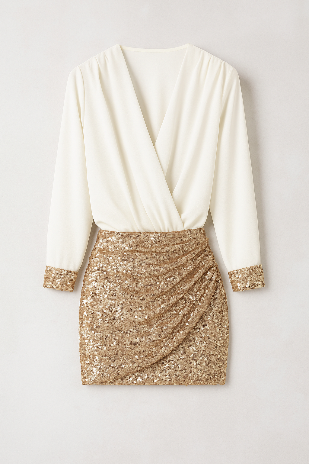 Hollis | Set con blusa avvolgente e minigonna con paillettes - Bianco-Oro - fashion occasion: going out fashion occasion: night out fashion occasion: summer fashion style: sexy going out gold lower body garment lower body garment: skirt lower body length: thigh length night out pencil product color: gold sexy skirt - Concept Palermo